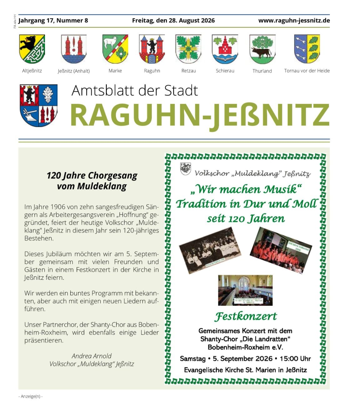 Chorjubiläum Amtsblatt Raguhn-Jeßnitz 28.08.2026